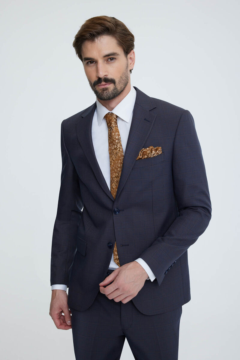 Erkek Lacivert Kahve Slim Fit Yelekli Takım Elbise - 2