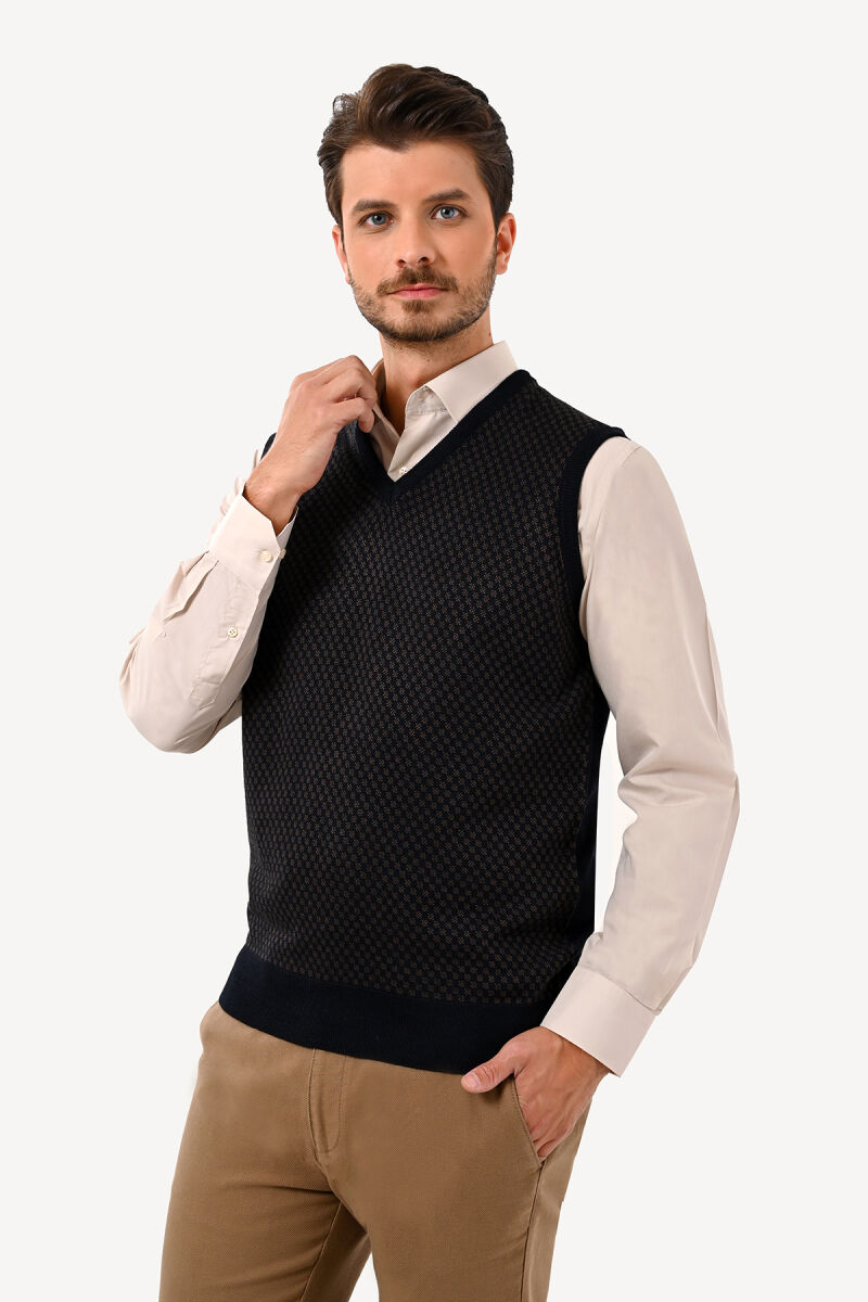 Erkek Lacivert Kahve Klasik Desenli Süveter - 1