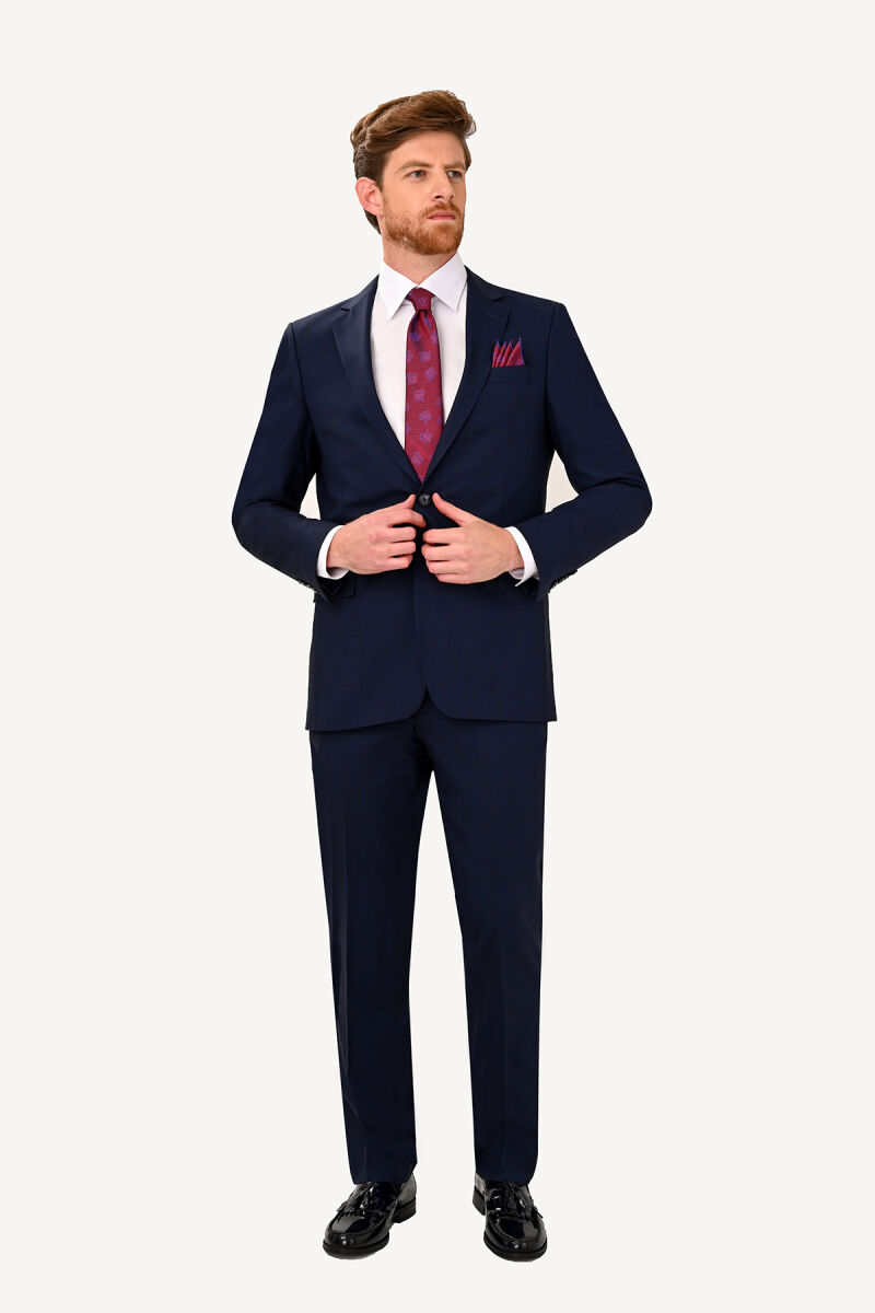 Erkek Lacivert Kareli Regular Fit Mono Yaka Takım Elbise - 1