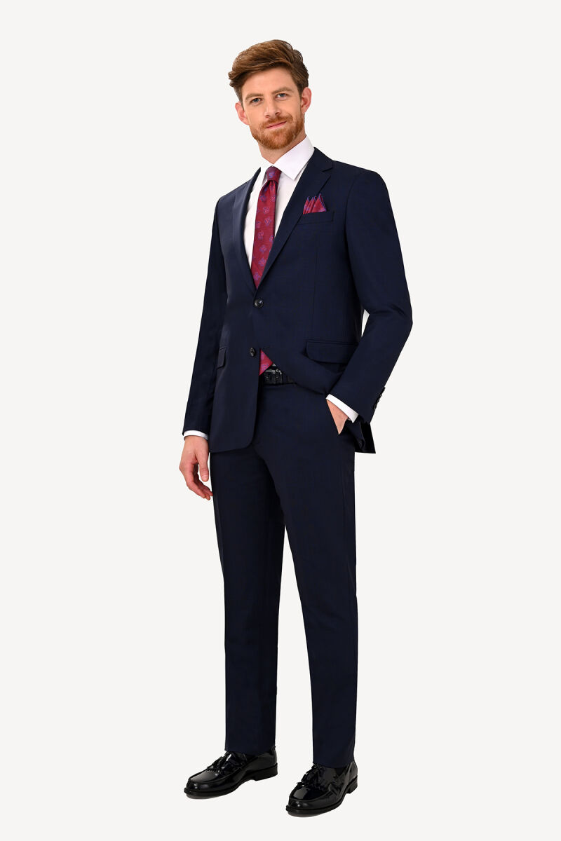 Erkek Lacivert Kareli Regular Fit Mono Yaka Takım Elbise - 2
