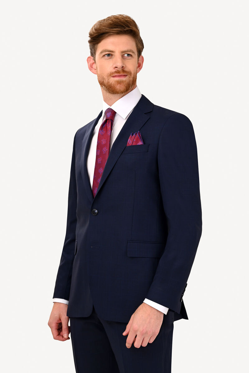 Erkek Lacivert Kareli Regular Fit Mono Yaka Takım Elbise - 3