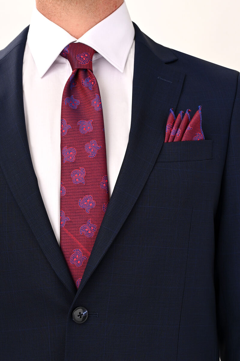 Erkek Lacivert Kareli Regular Fit Mono Yaka Takım Elbise - 4