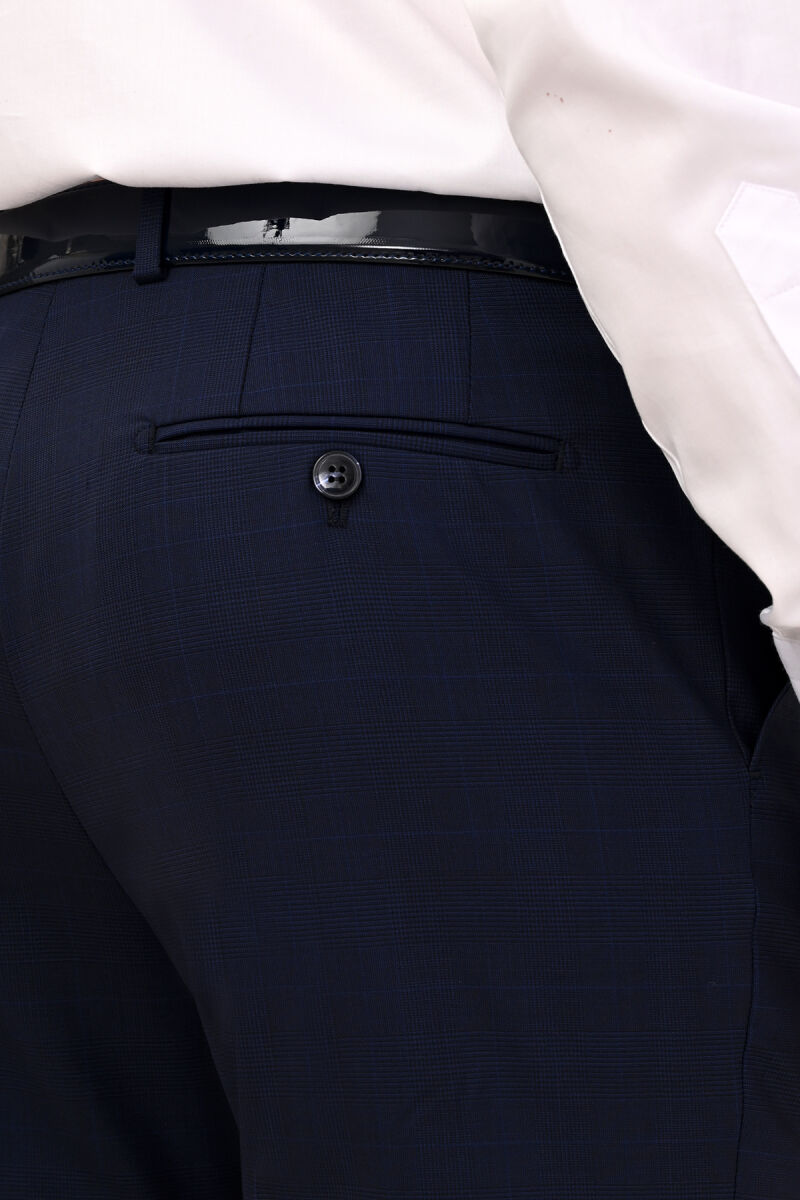 Erkek Lacivert Kareli Regular Fit Mono Yaka Takım Elbise - 5