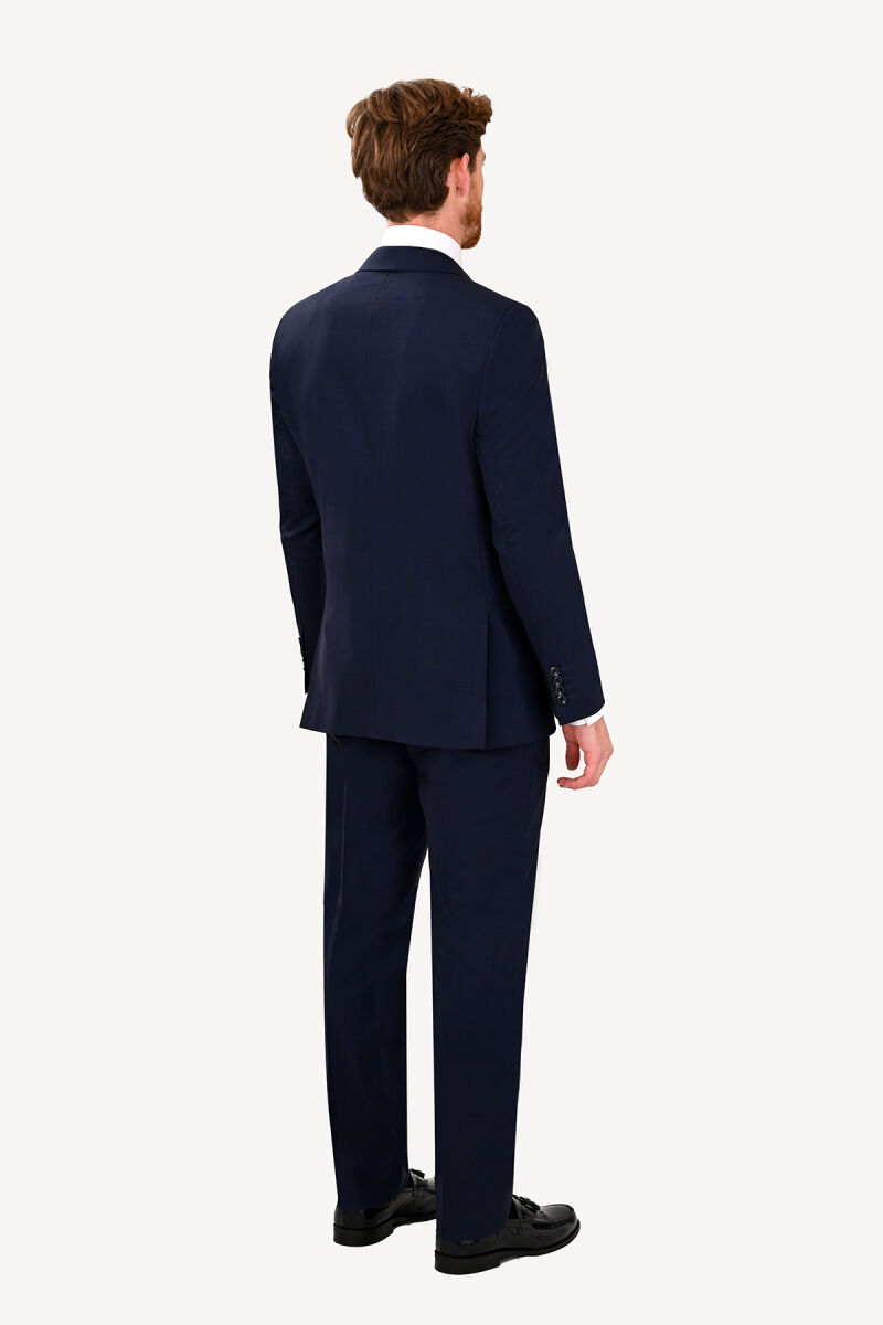 Erkek Lacivert Kareli Regular Fit Mono Yaka Takım Elbise - 6