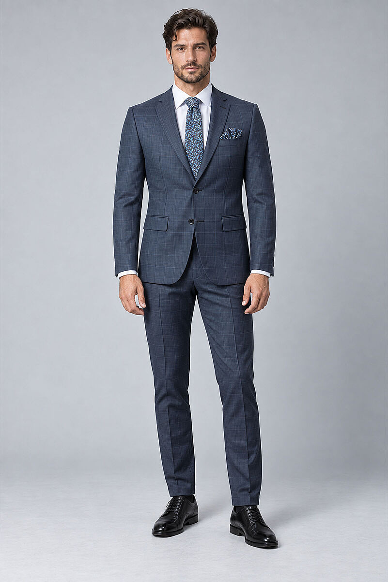 Erkek Lacivert Kareli Slim Fit Ekose Takım Elbise - 1