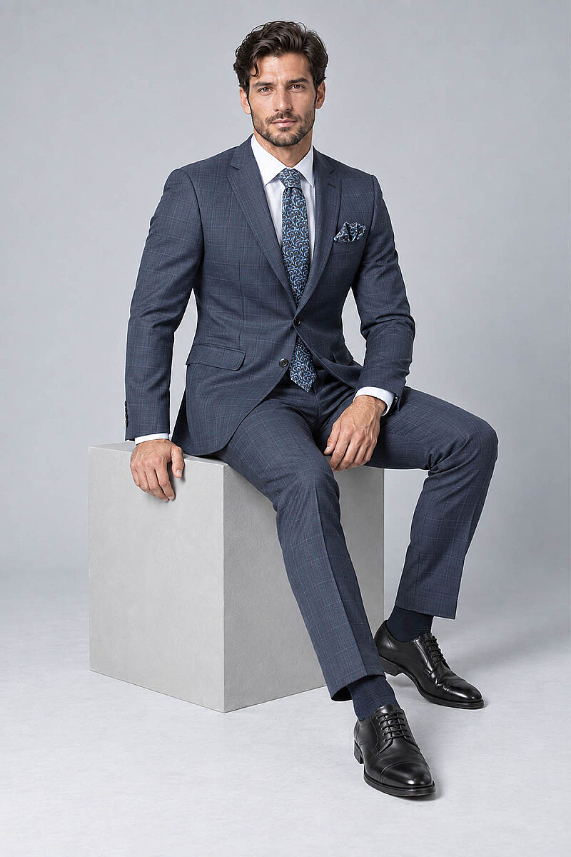Erkek Lacivert Kareli Slim Fit Ekose Takım Elbise - 3