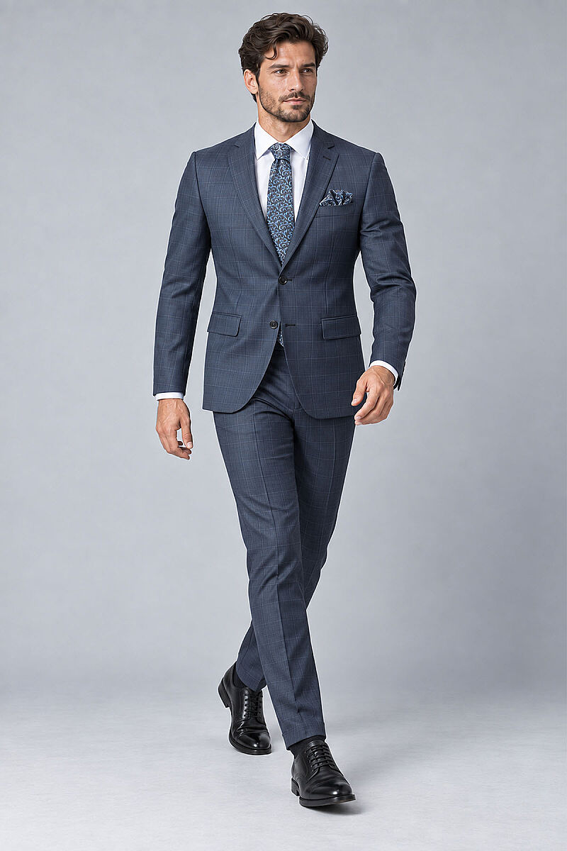 Erkek Lacivert Kareli Slim Fit Ekose Takım Elbise - 4