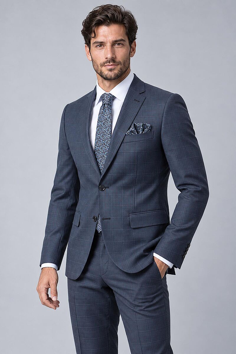 Erkek Lacivert Kareli Slim Fit Ekose Takım Elbise - 5
