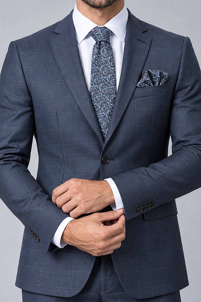 Erkek Lacivert Kareli Slim Fit Ekose Takım Elbise - 6