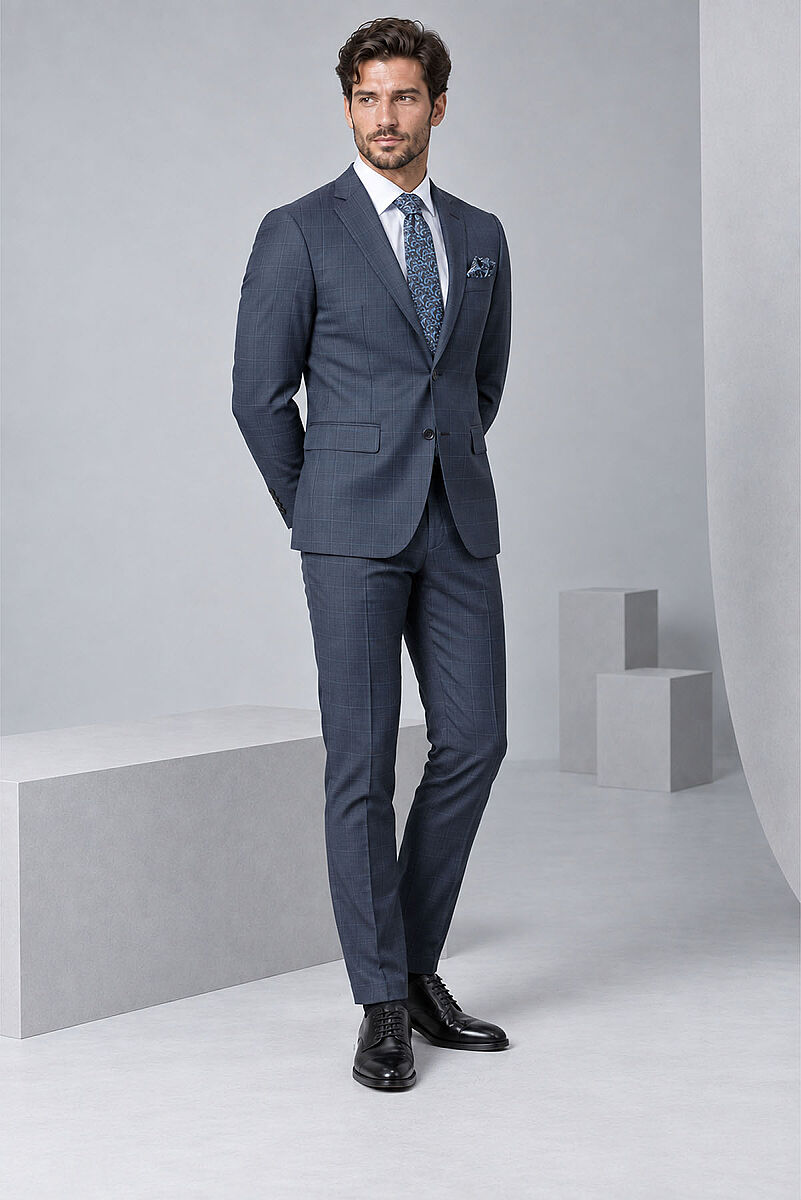 Erkek Lacivert Kareli Slim Fit Ekose Takım Elbise - 7