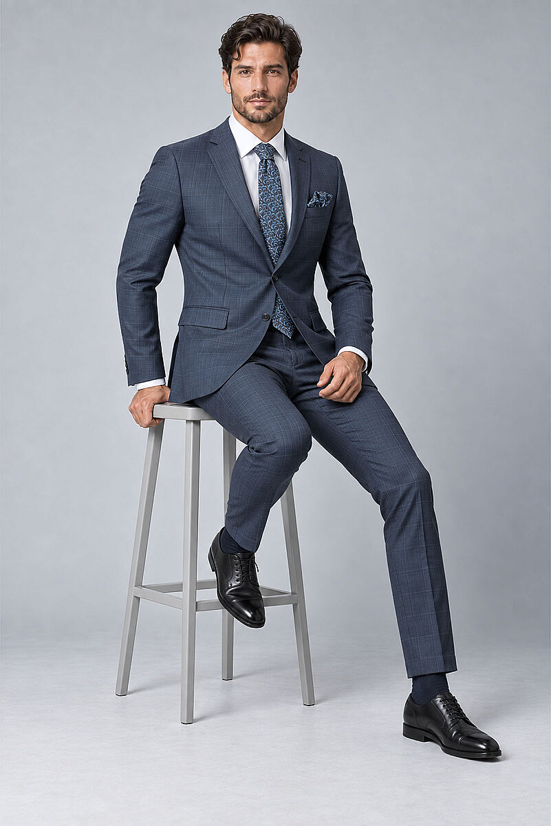 Erkek Lacivert Kareli Slim Fit Ekose Takım Elbise - 8