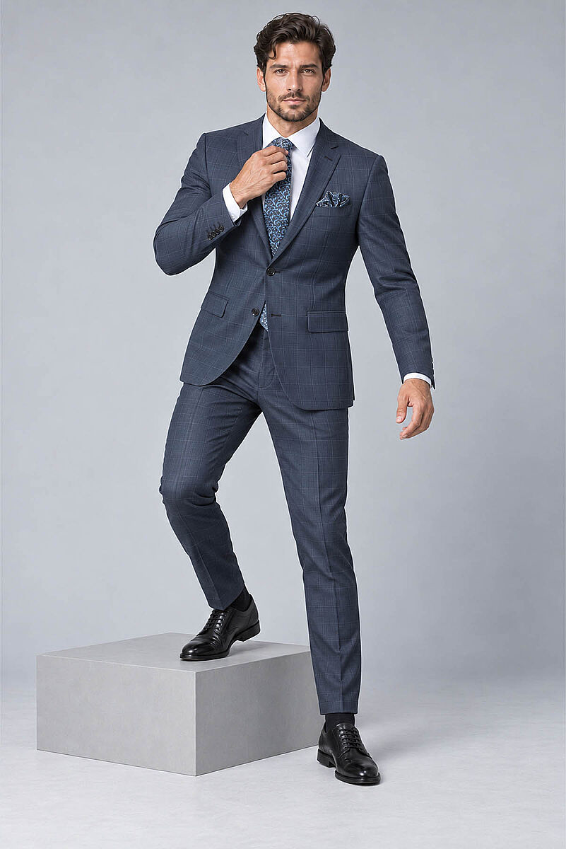Erkek Lacivert Kareli Slim Fit Ekose Takım Elbise - 9