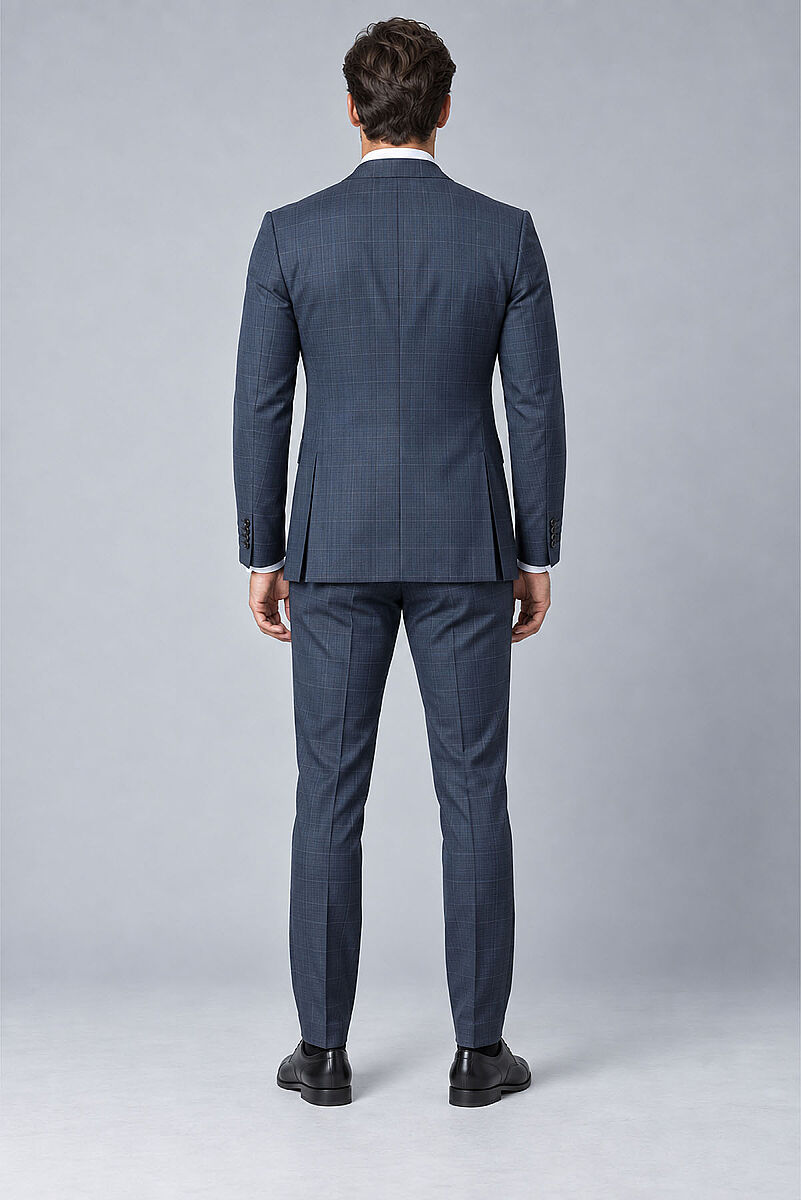 Erkek Lacivert Kareli Slim Fit Ekose Takım Elbise - 10