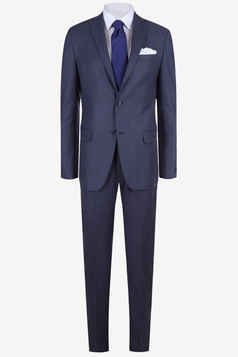 Erkek Lacivert Kareli Slim Fit Tek Yırtmaç Takım Elbise - 1