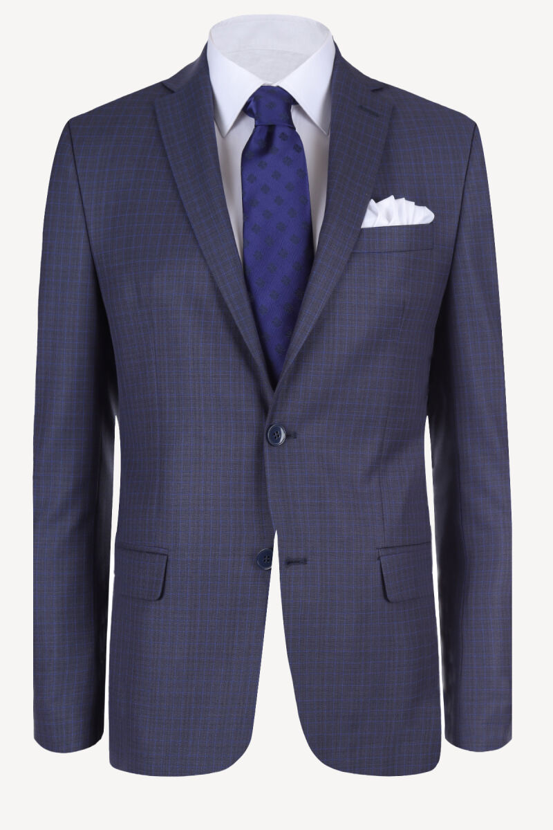 Erkek Lacivert Kareli Slim Fit Tek Yırtmaç Takım Elbise - 2