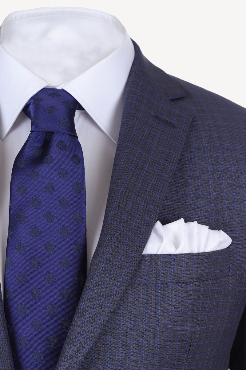 Erkek Lacivert Kareli Slim Fit Tek Yırtmaç Takım Elbise - 3