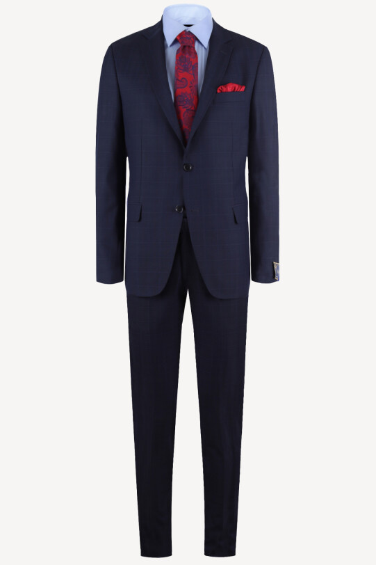 Erkek Lacivert Kareli Yünlü Slim Fit Takım Elbise