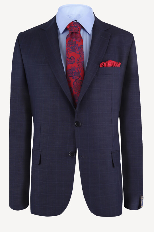 Erkek Lacivert Kareli Yünlü Slim Fit Takım Elbise