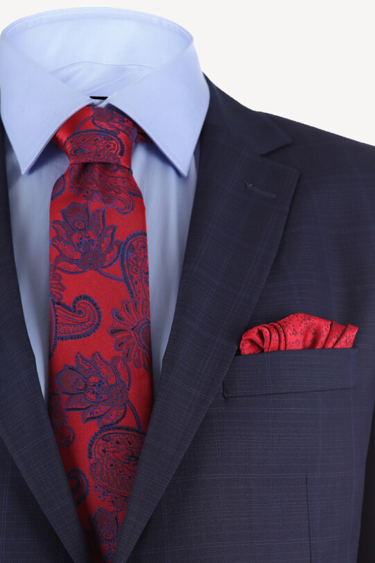 Erkek Lacivert Kareli Yünlü Slim Fit Takım Elbise