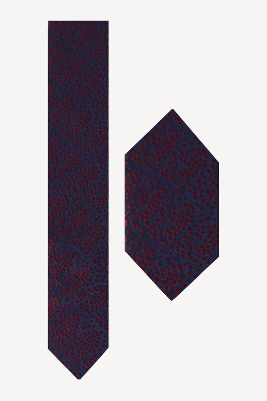 Erkek Lacivert Kırmızı Desenli Kravat Mendilli Set - YSF