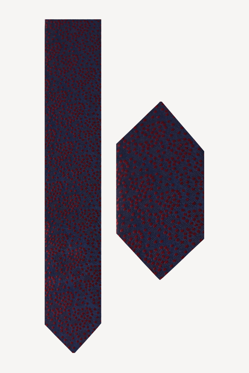 Erkek Lacivert Kırmızı Desenli Kravat Mendilli Set - 1