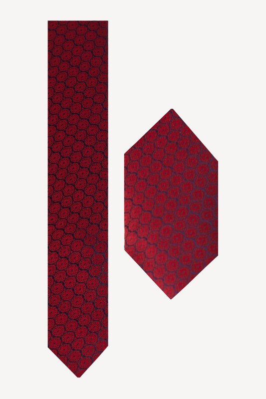 Erkek Lacivert Kırmızı Desenli Kravat Mendilli Set - YSF