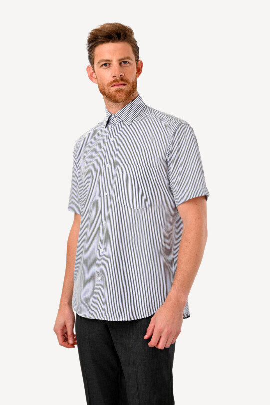Erkek Lacivert Kısa Kol Regular Fit Çizgili Gömlek