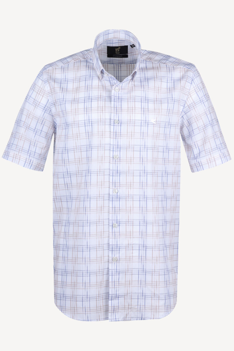 Erkek Lacivert Kısa Kol Slim Fit Kareli Gömlek - 1