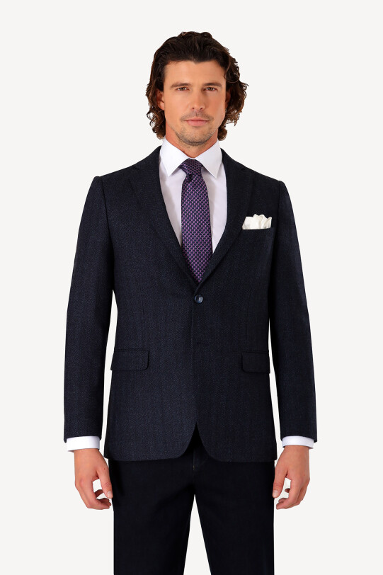 Erkek Lacivert Kışlık Yünlü Regular Fit Desenli Tek Ceket