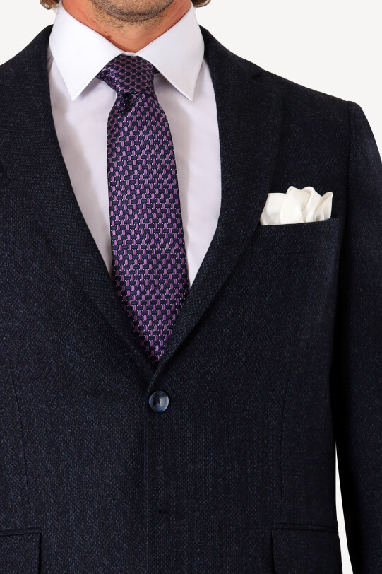 Erkek Lacivert Kışlık Yünlü Regular Fit Desenli Tek Ceket