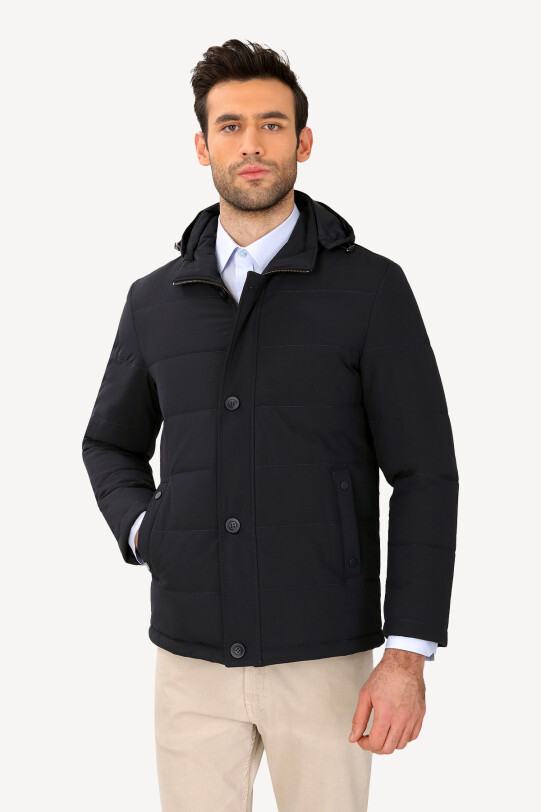 Erkek Lacivert Klasik Kapüşonlu Kaban