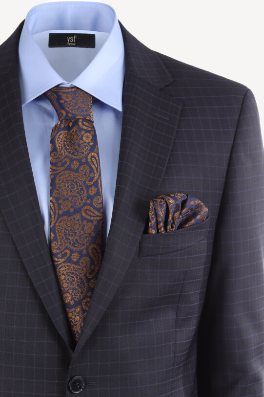 Erkek Lacivert Klasik Kareli Takım Elbise