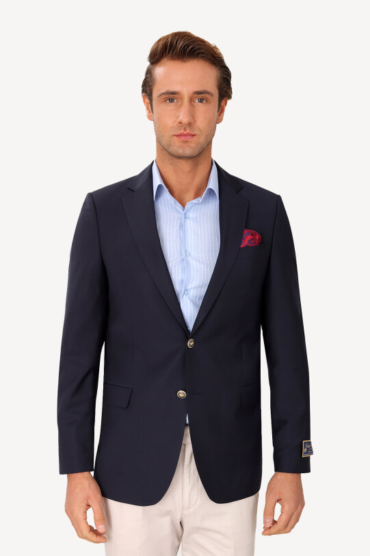 Erkek Lacivert Klasik Yünlü Mono Yaka Blazer Ceket