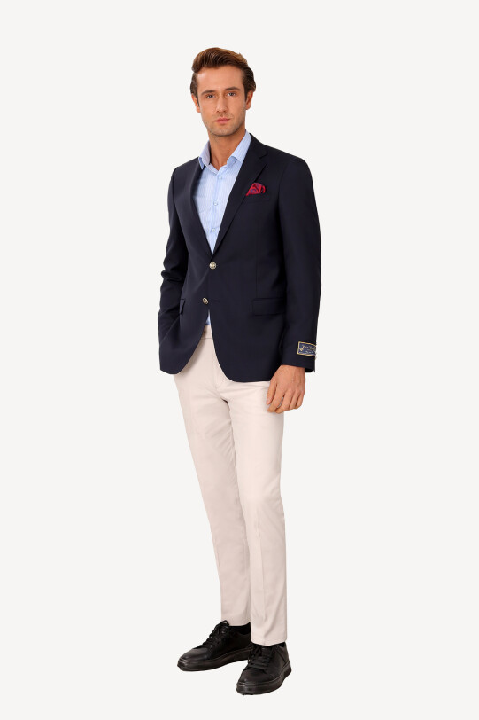 Erkek Lacivert Klasik Yünlü Mono Yaka Blazer Ceket