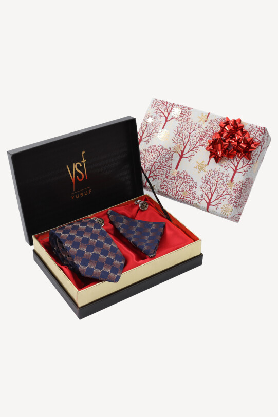 Erkek Lacivert Kravat Mendil Kol Düğmesi Set - YSF (1)