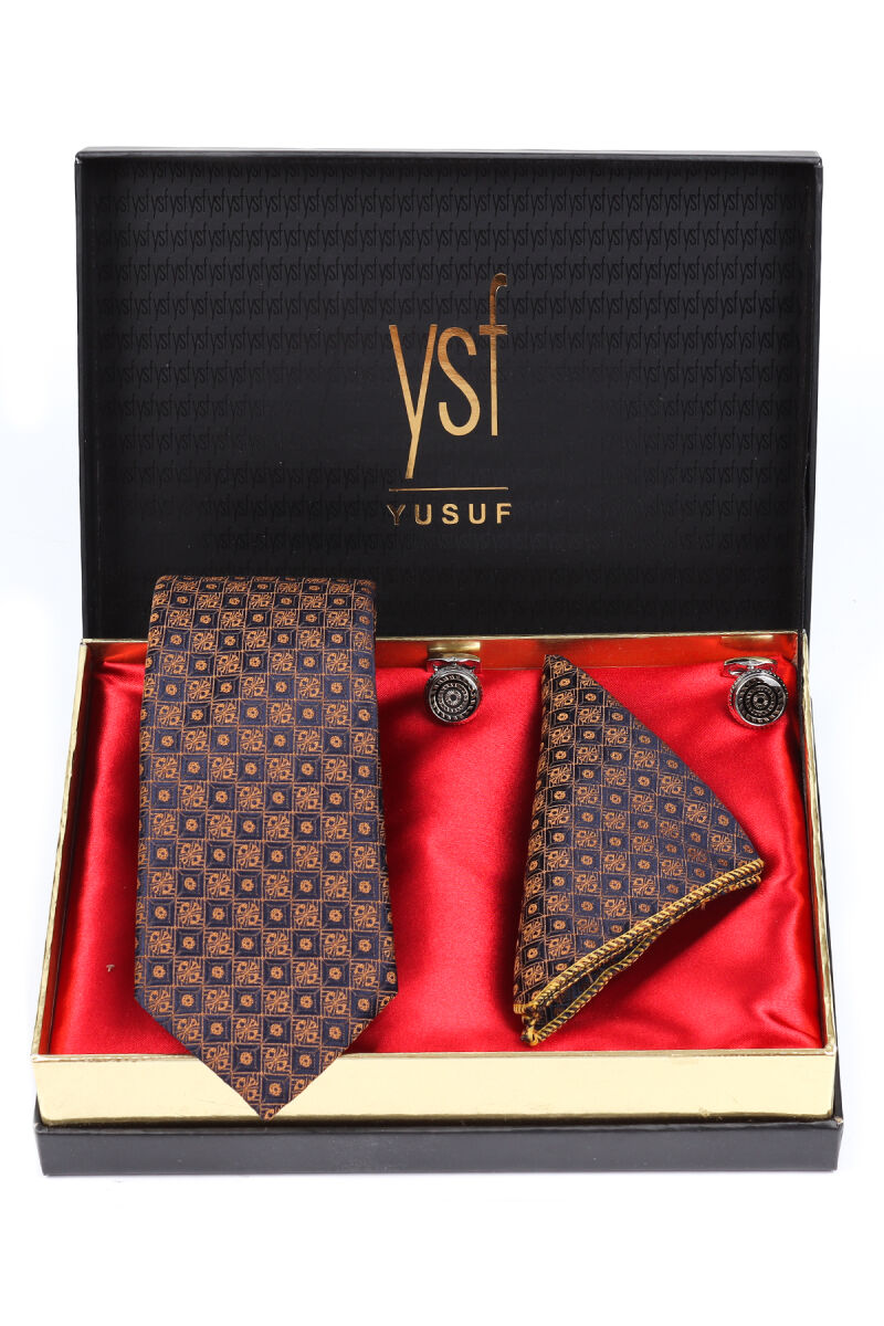 Erkek Lacivert Kravat Mendil Kol Düğmesi Set - 1