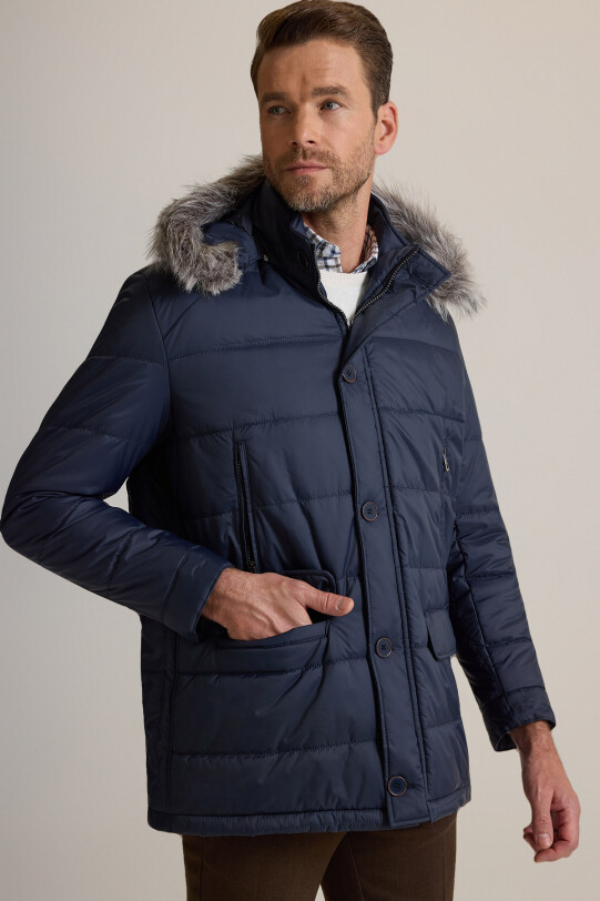 Erkek Lacivert Kürklü Yaka Kaban