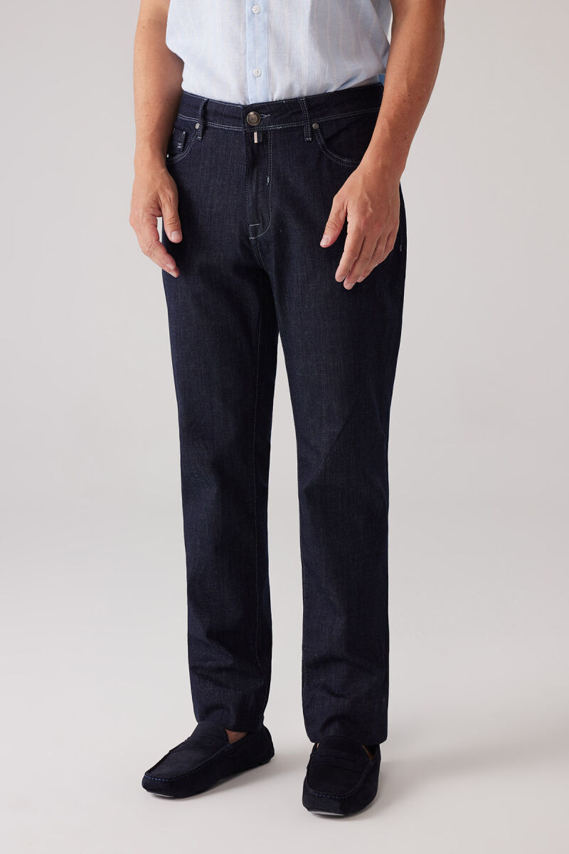 Erkek Lacivert Likralı Pamuklu Regular Fit Jean Kot Pantolon - 2