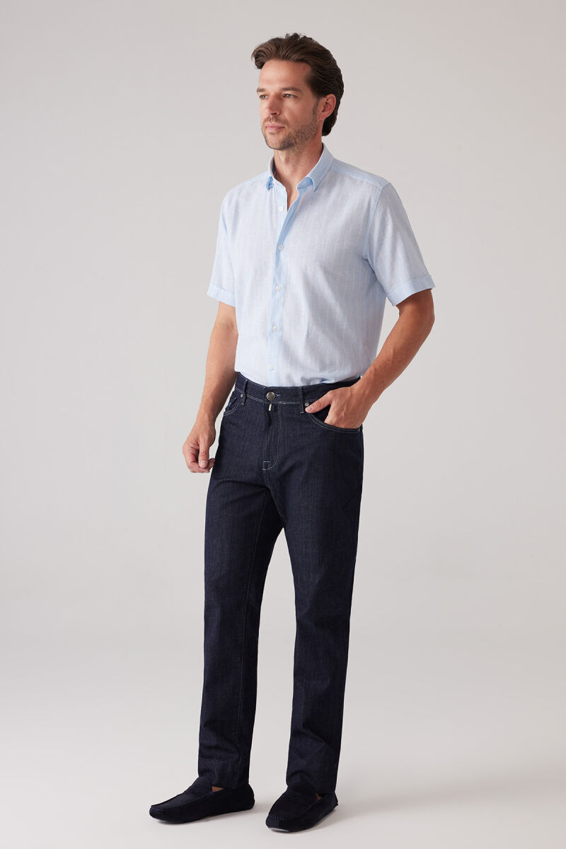 Erkek Lacivert Likralı Pamuklu Regular Fit Jean Kot Pantolon - 4