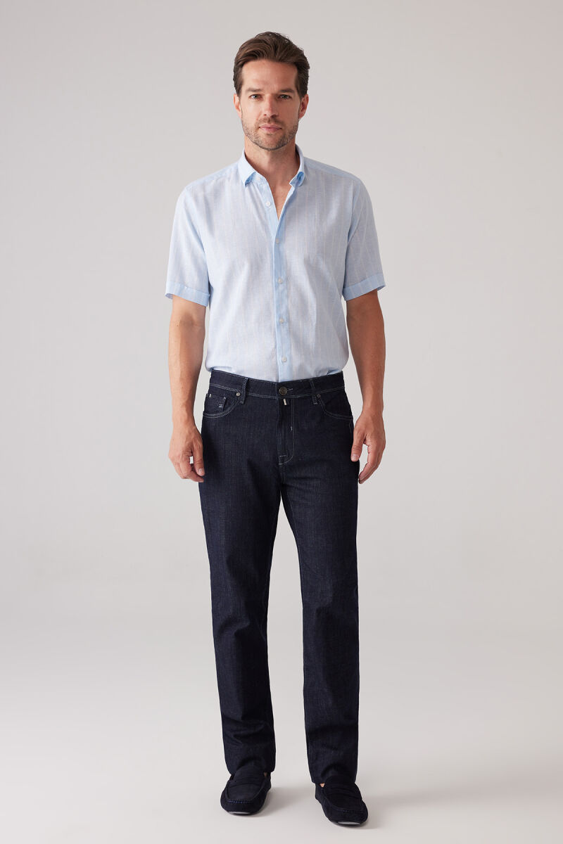 Erkek Lacivert Likralı Pamuklu Regular Fit Jean Kot Pantolon - 5