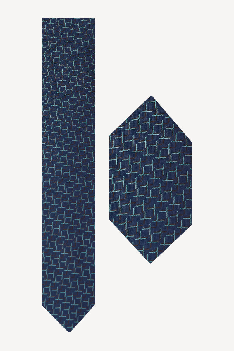 Erkek Lacivert Mavi Desenli Kravat Mendilli Set - 1