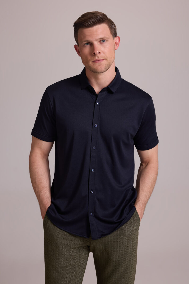 Erkek Lacivert Merserize Kısa Kol Gömlek - 1