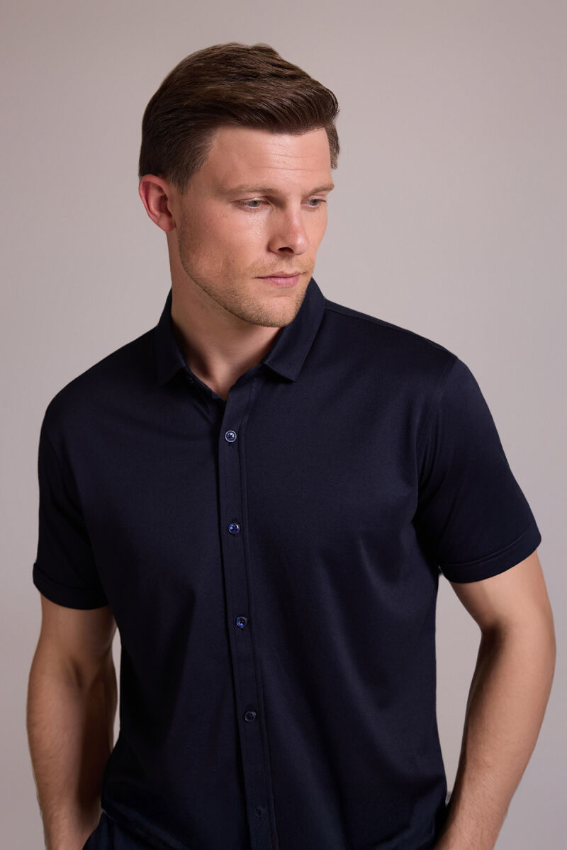 Erkek Lacivert Merserize Kısa Kol Gömlek - 4