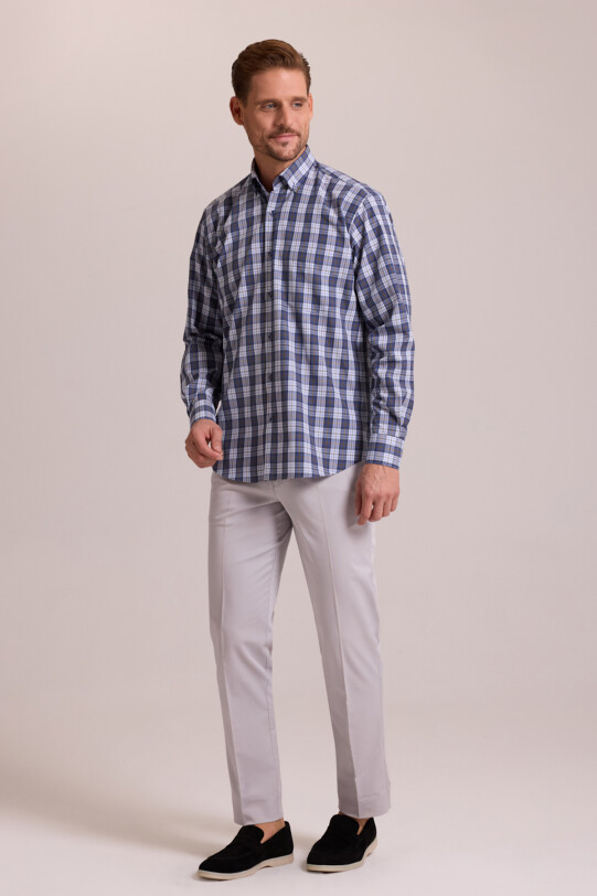 Erkek Lacivert Oversize Düğmeli Yaka Kareli Gömlek