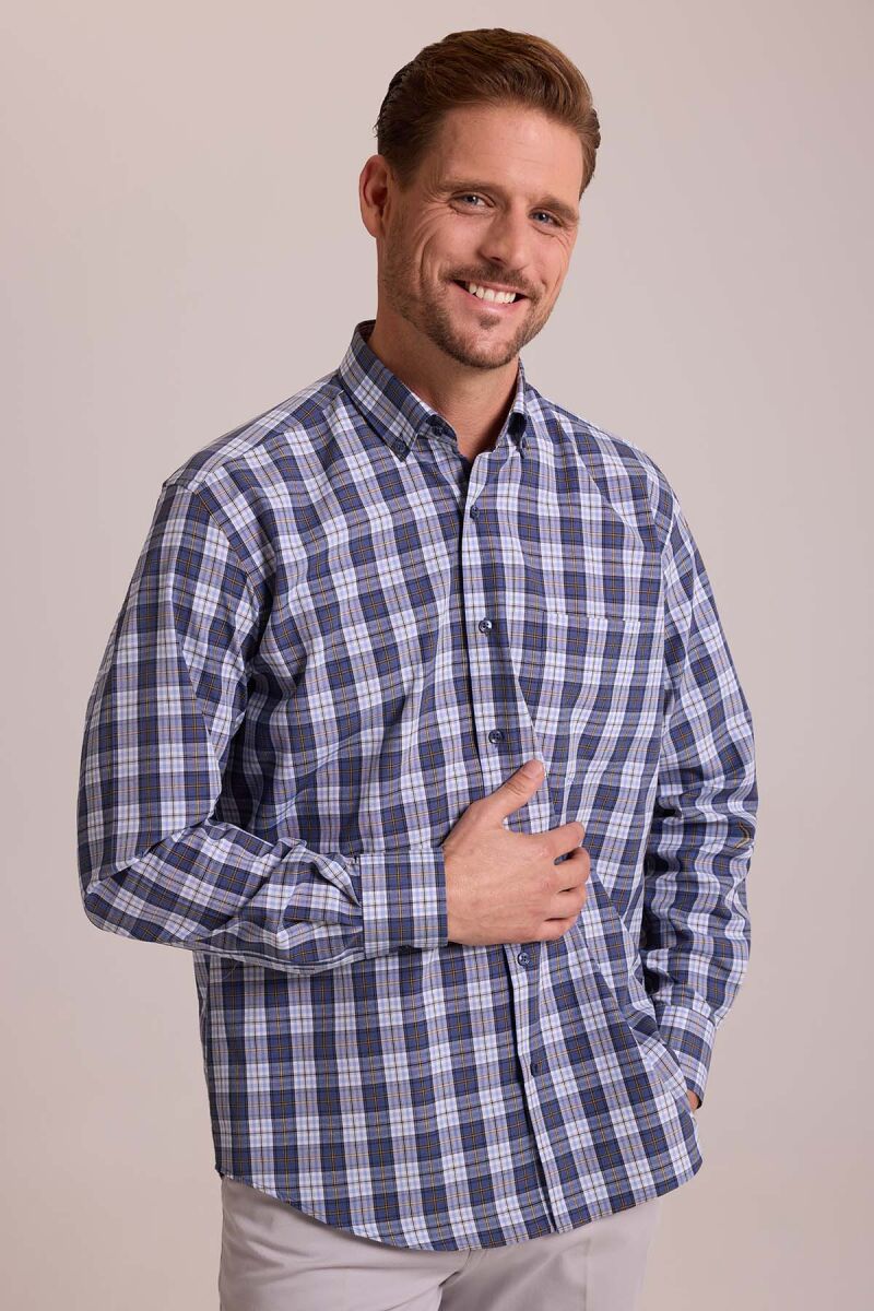 Erkek Lacivert Oversize Düğmeli Yaka Kareli Gömlek - 4
