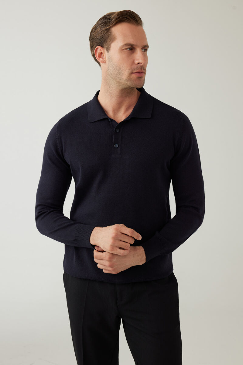 Erkek Lacivert Pamuklu Polo Yaka Triko - 6