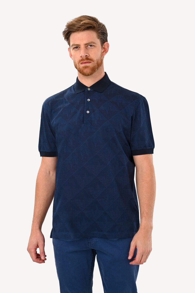 Erkek Lacivert Polo Yaka Cotton Regular Fit Desenli Tshirt - 1