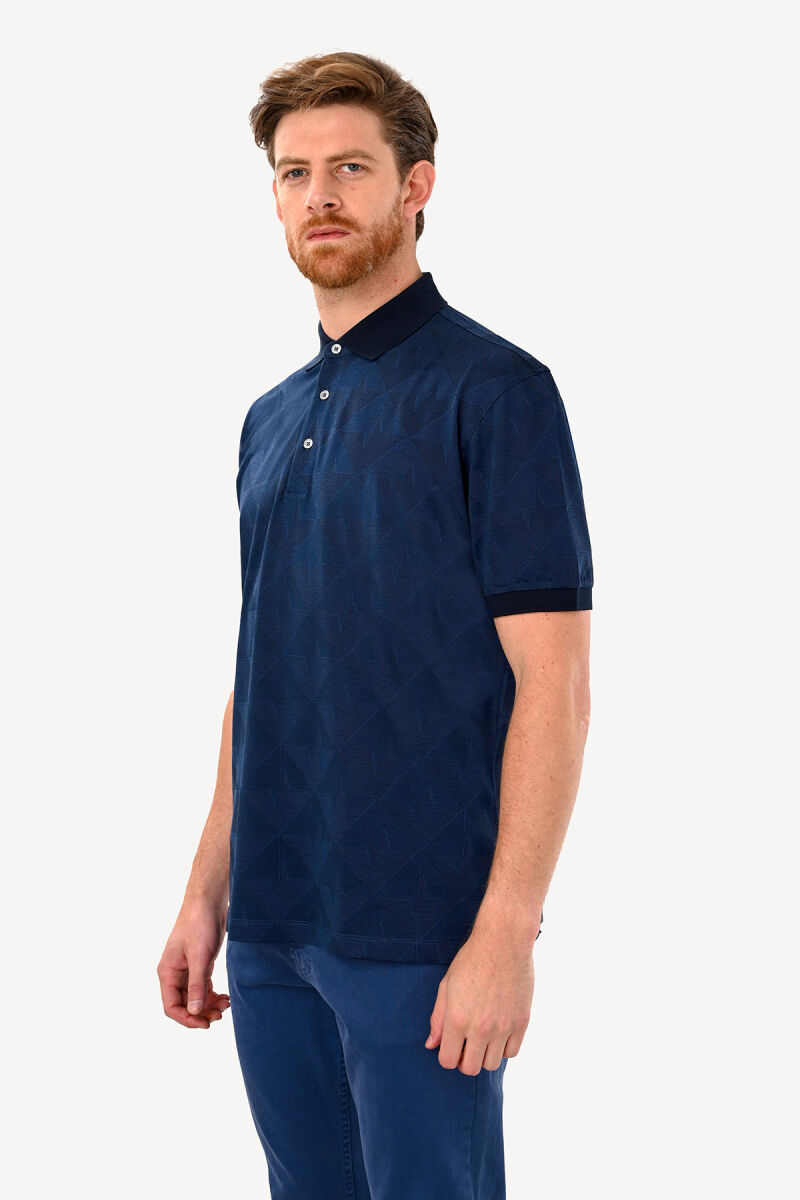 Erkek Lacivert Polo Yaka Cotton Regular Fit Desenli Tshirt - 2