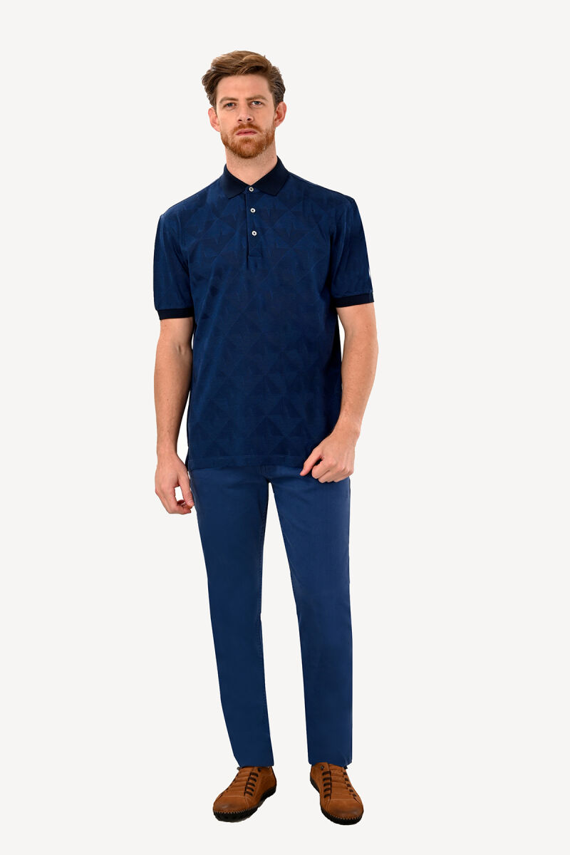 Erkek Lacivert Polo Yaka Cotton Regular Fit Desenli Tshirt - 3