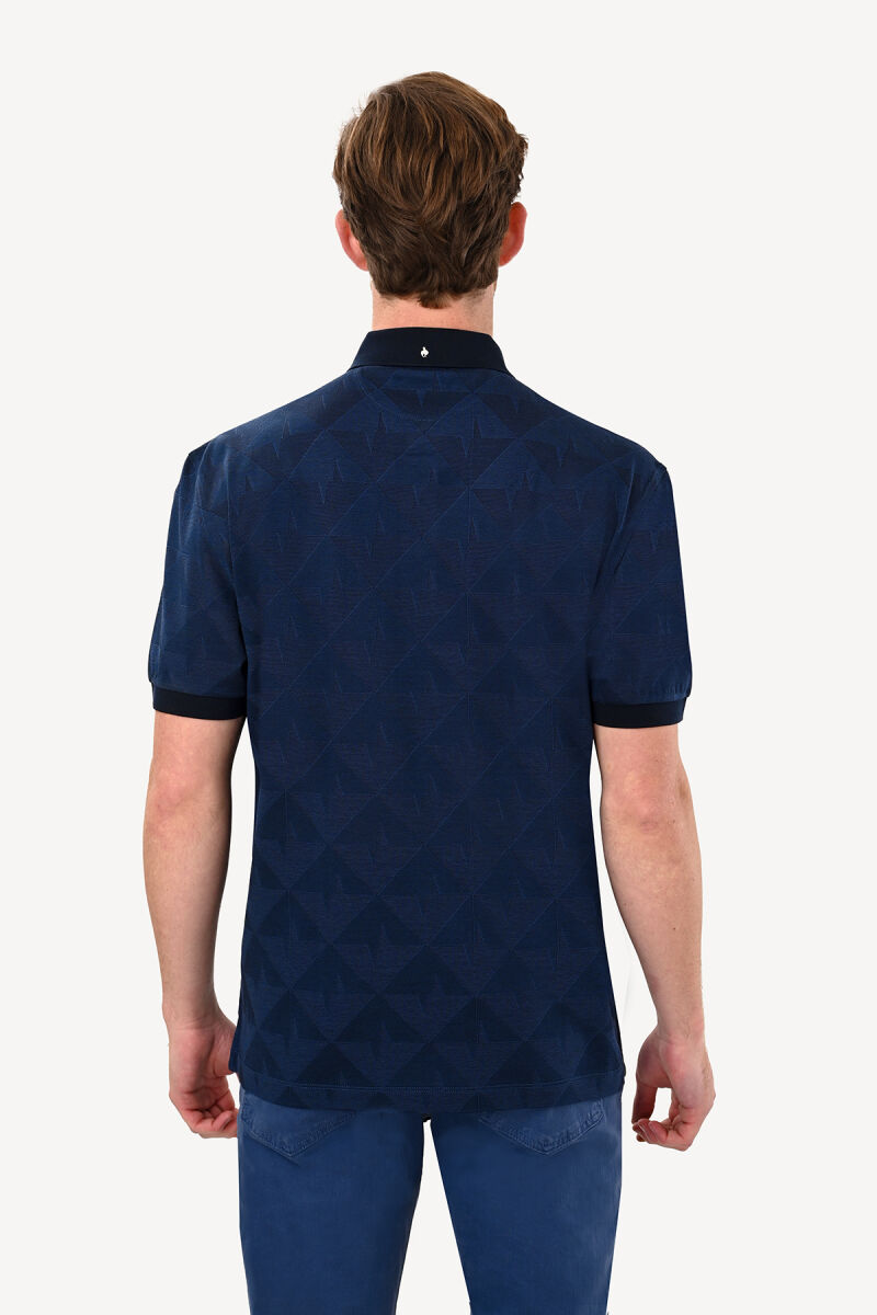 Erkek Lacivert Polo Yaka Cotton Regular Fit Desenli Tshirt - 5